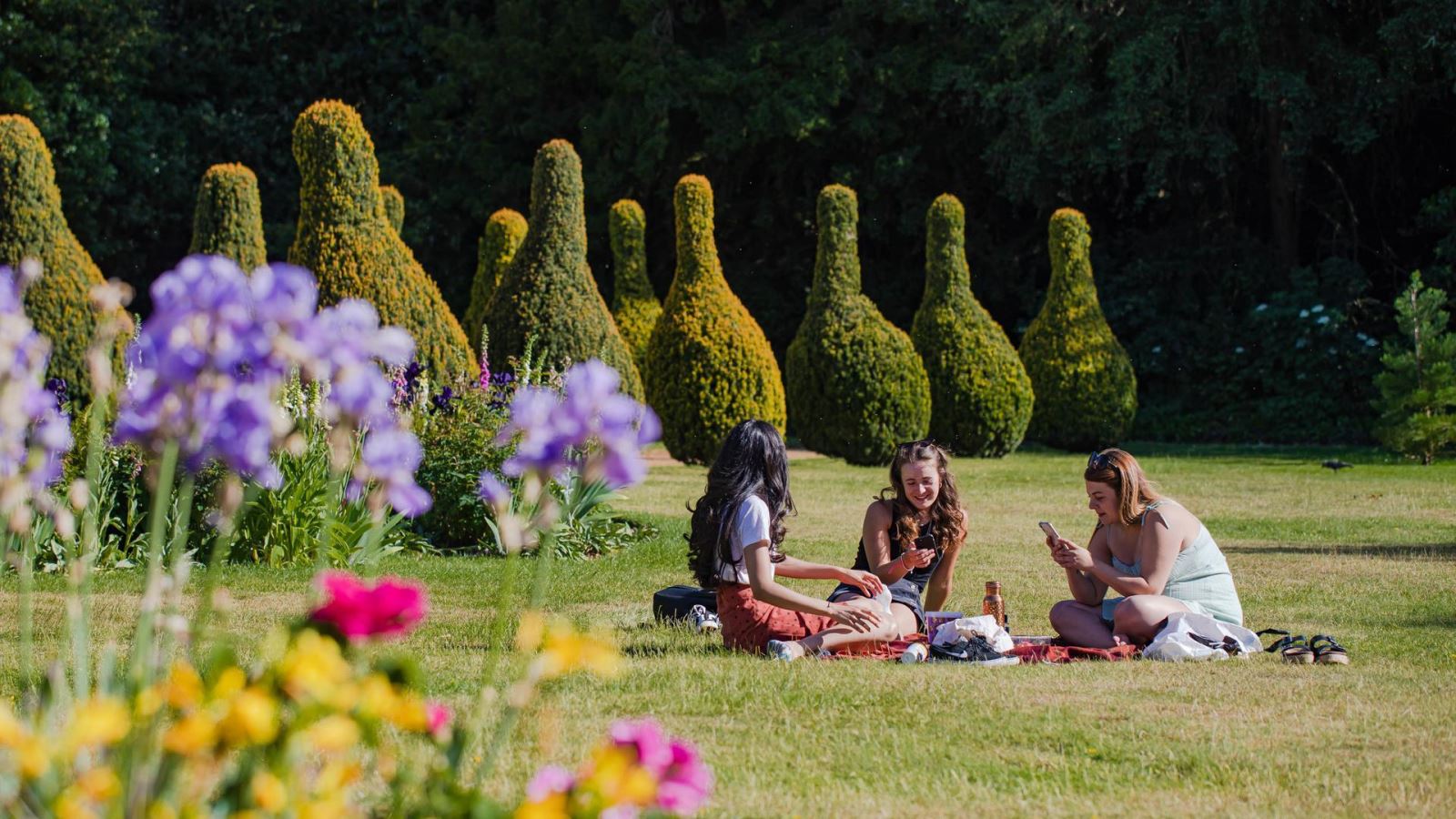 Three women sat on the grass at Hylands Park 